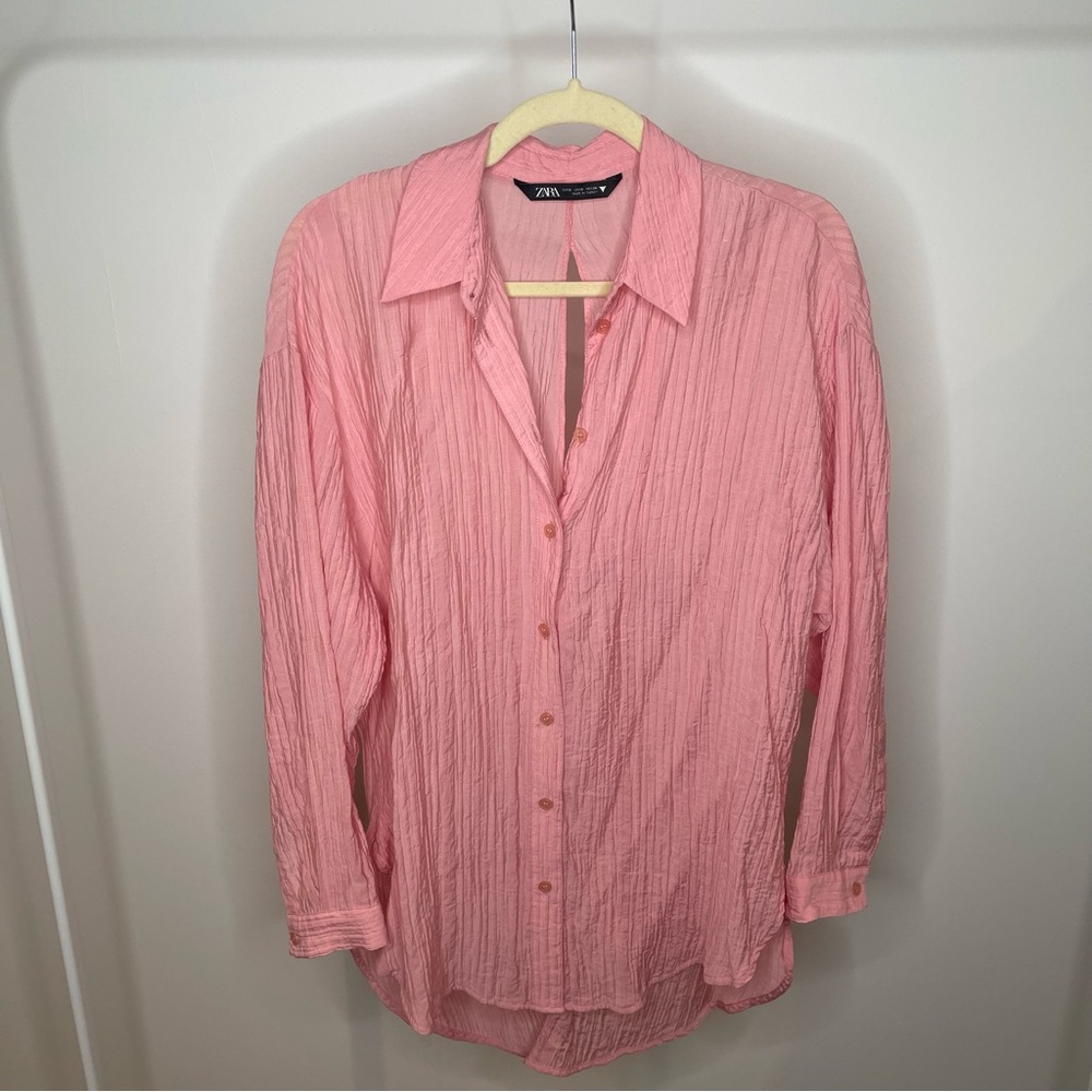 Zara Coral Pink Oversized Button-Up Shirt Beach Coverup size Small